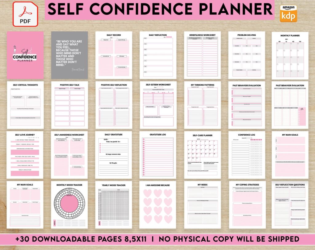 Self-confidence & self-esteem guided journal With Prompts 34 Pages PDF, 8.5×11″ KDP Planner interiors COMMERCIAL Use
