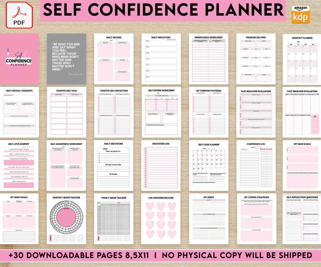 Self-confidence & self-esteem guided journal With Prompts 34 Pages PDF, 8.5×11″ KDP Planner interiors COMMERCIAL Use