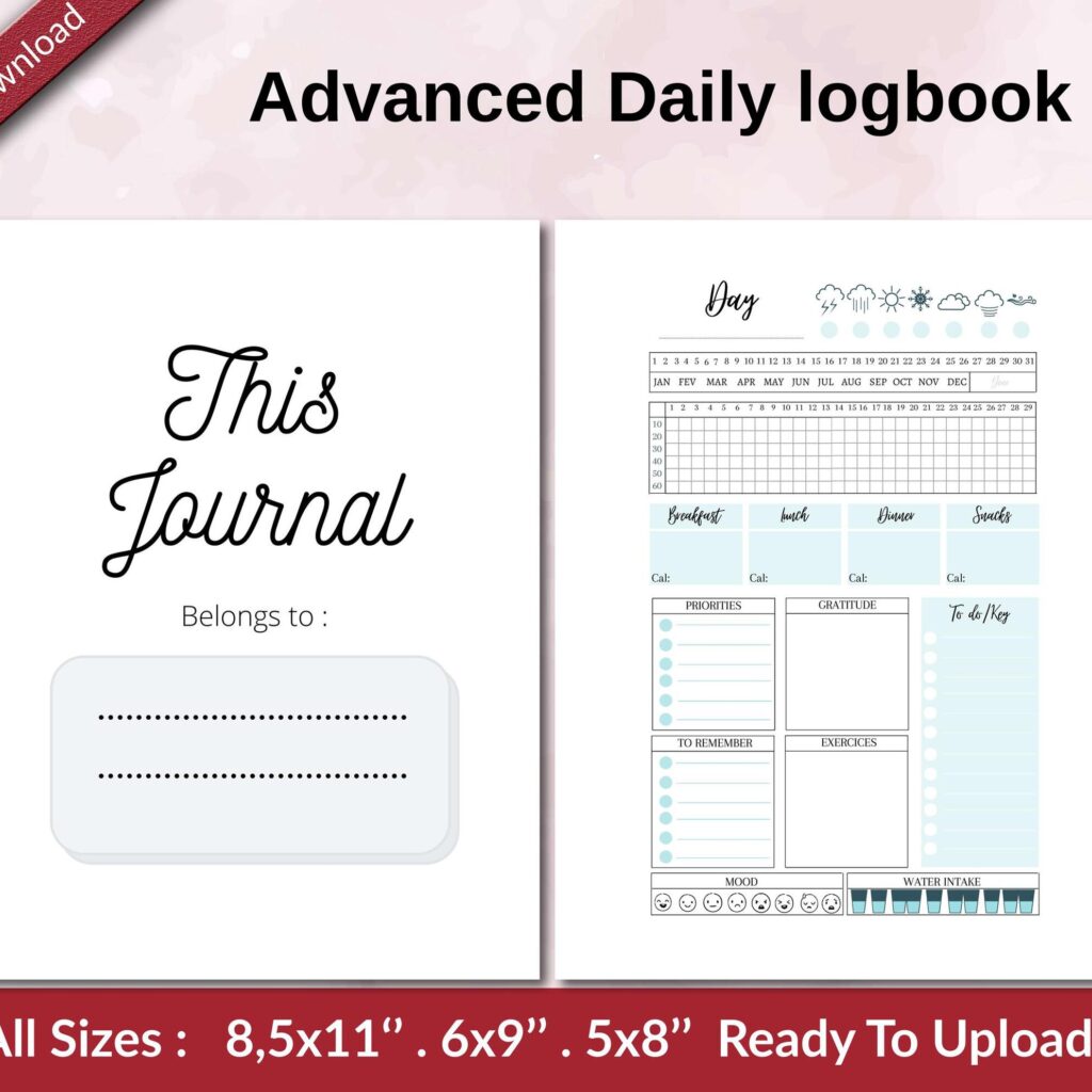 Advanced Daily logbook KDP interior Ready To Upload, Sizes 8.5×11 6×9 5×8 inch PDF FILE Used as Amazon KDP Paperback Low Content Book, journal, Notebook, Planner, COMMERCIAL Use