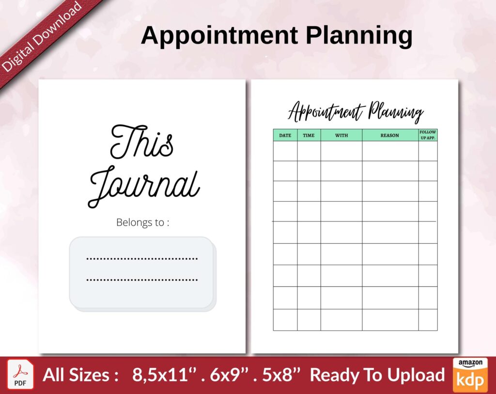 Appointment Planning KDP interior Ready To Upload, Sizes 8.5×11 6×9 5×8 inch PDF FILE Used as Amazon KDP Paperback Low Content Book, journal, Notebook, Planner, COMMERCIAL Use