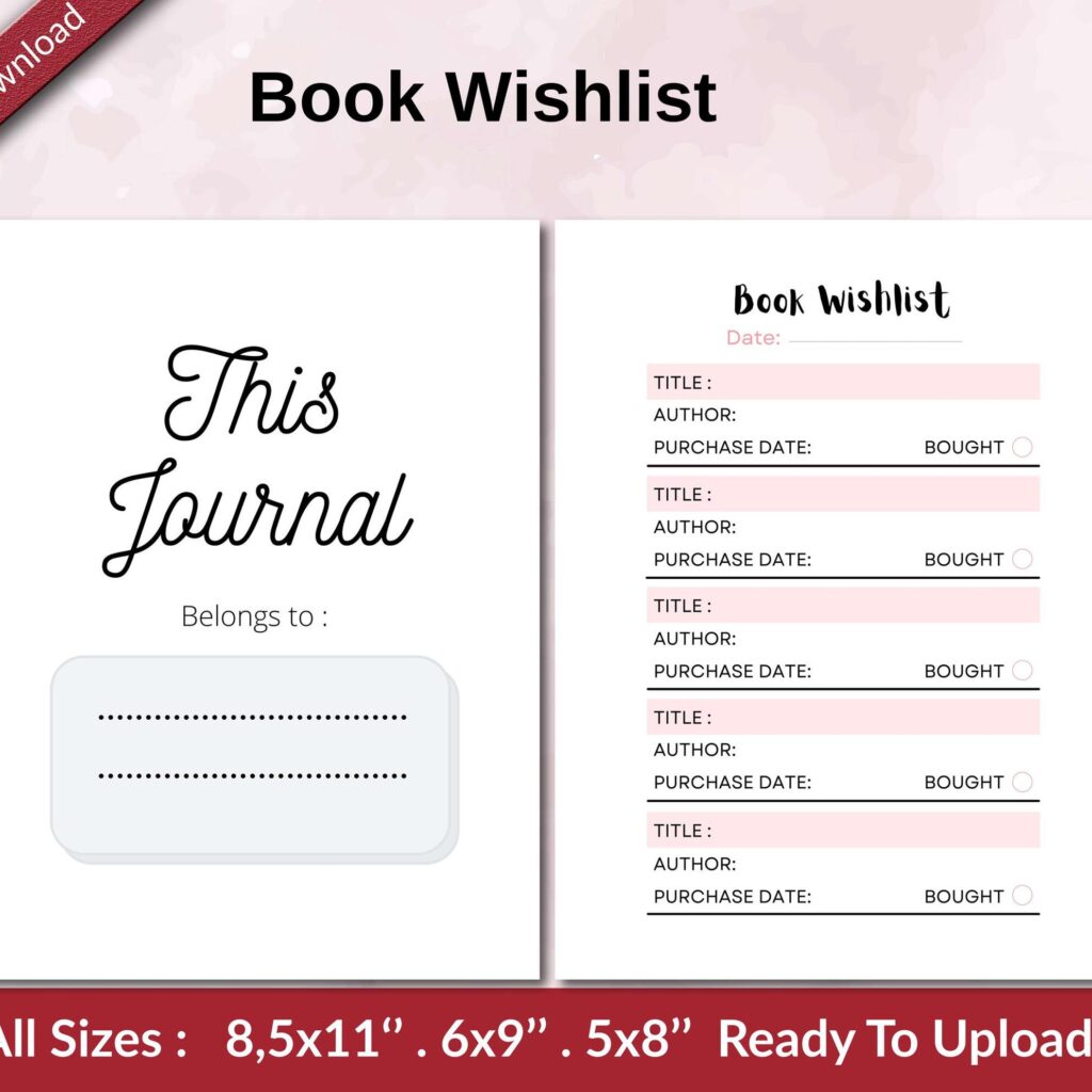 Book Wishlist KDP interior Ready To Upload, Sizes 8.5×11 6×9 5×8 inch PDF FILE Used as Amazon KDP Paperback Low Content Book, journal, Notebook, Planner, COMMERCIAL Use