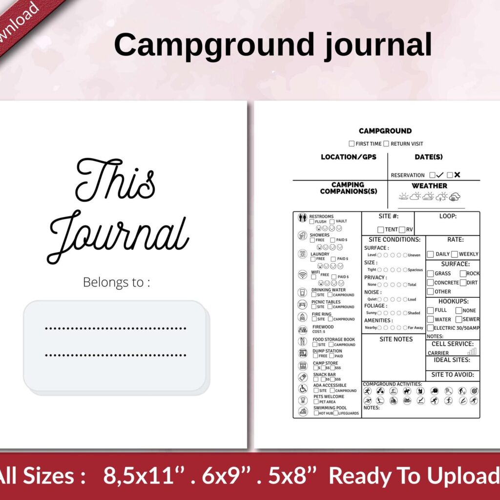 Campground journal KDP interior Ready To Upload, Sizes 8.5×11 6×9 5×8 inch PDF FILE Used as Amazon KDP Paperback Low Content Book, journal, Notebook, Planner, COMMERCIAL Use