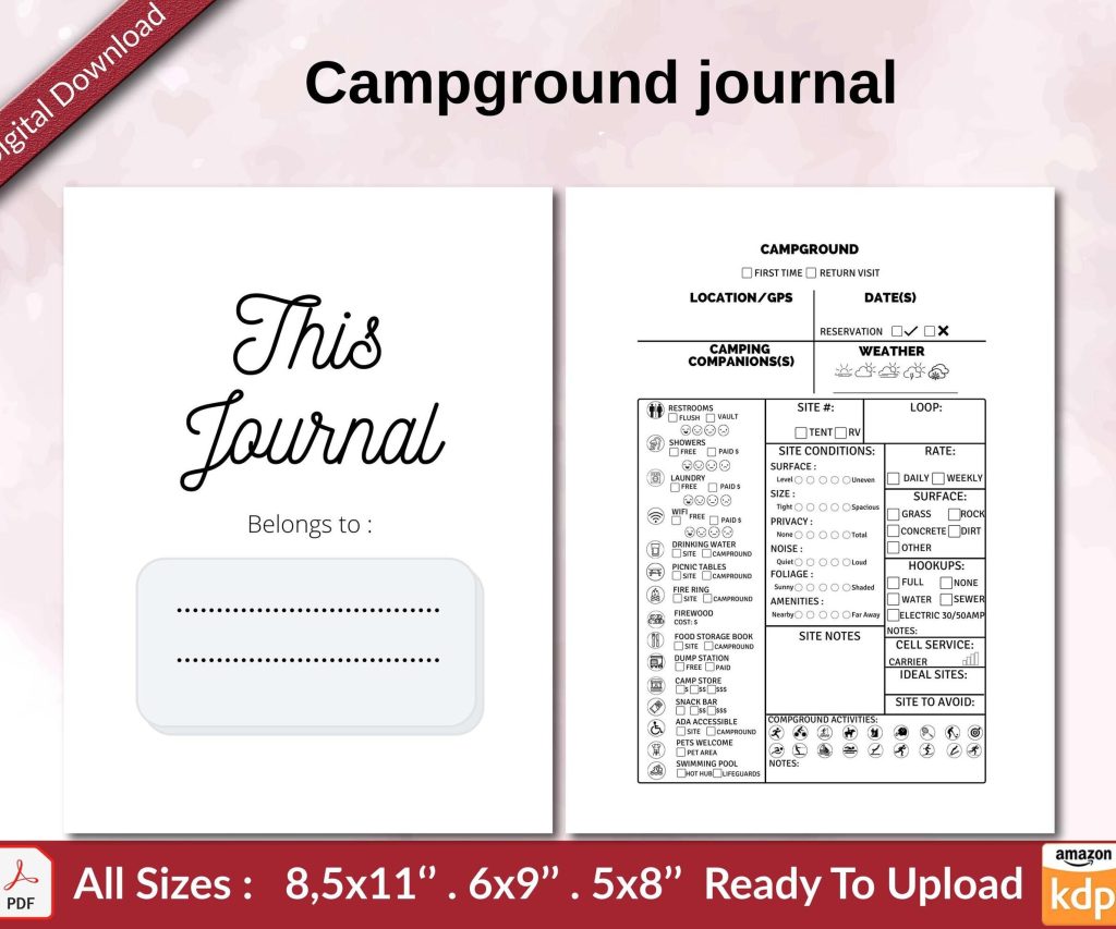 Campground journal KDP interior Ready To Upload, Sizes 8.5×11 6×9 5×8 inch PDF FILE Used as Amazon KDP Paperback Low Content Book, journal, Notebook, Planner, COMMERCIAL Use