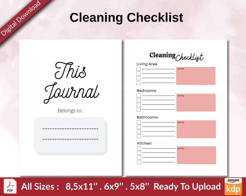 Cleaning Checklist KDP interior Ready To Upload, Sizes 8.5×11 6×9 5×8 inch PDF FILE Used as Amazon KDP Paperback Low Content Book, journal, Notebook, Planner, COMMERCIAL Use