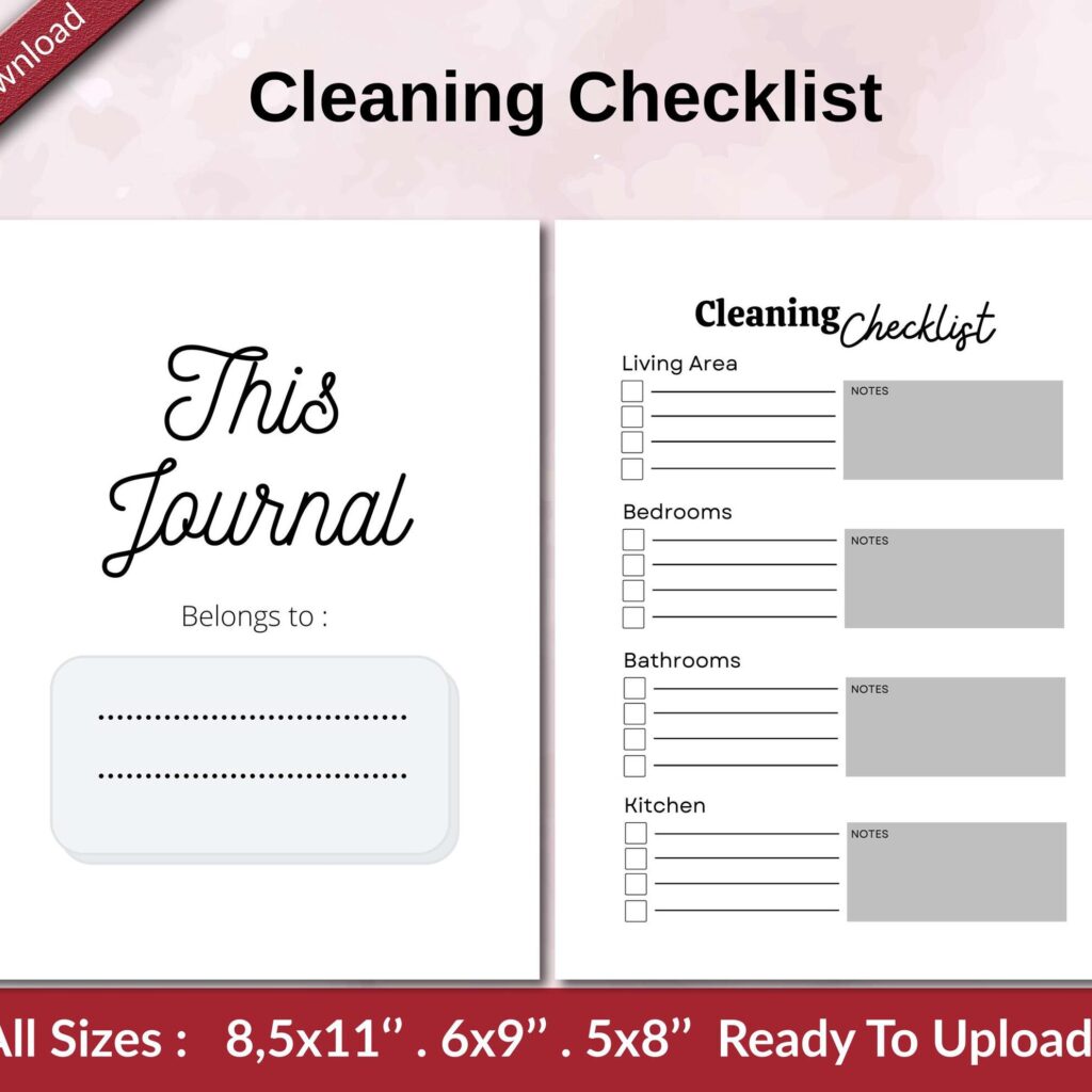 Cleaning Checklist KDP interior Ready To Upload, Sizes 8.5×11 6×9 5×8 inch PDF FILE Used as Amazon KDP Paperback Low Content Book, journal, Notebook, Planner, COMMERCIAL Use