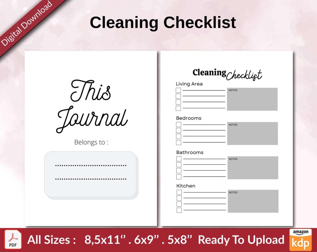 Cleaning Checklist KDP interior Ready To Upload, Sizes 8.5×11 6×9 5×8 inch PDF FILE Used as Amazon KDP Paperback Low Content Book, journal, Notebook, Planner, COMMERCIAL Use