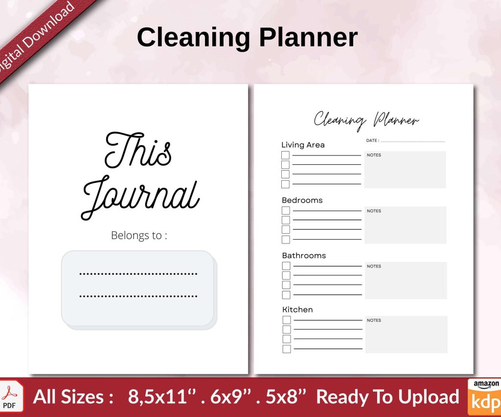 Cleaning Planner KDP interior Ready To Upload, Sizes 8.5×11 6×9 5×8 inch PDF FILE Used as Amazon KDP Paperback Low Content Book, journal, Notebook, Planner, COMMERCIAL Use