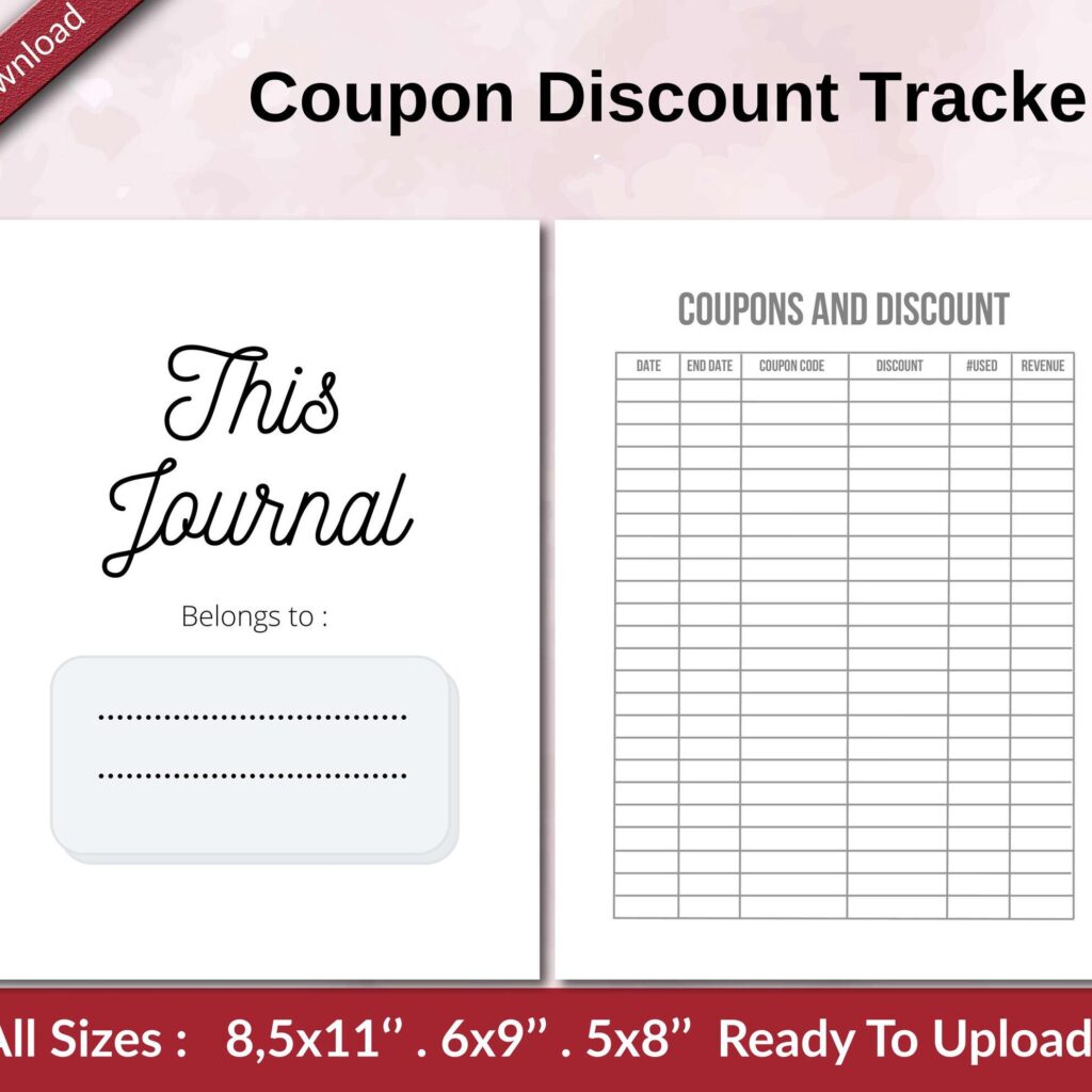 Coupon Discount Tracker KDP interior Ready To Upload, Sizes 8.5×11 6×9 5×8 inch PDF FILE Used as Amazon KDP Paperback Low Content Book, journal, Notebook, Planner, COMMERCIAL Use