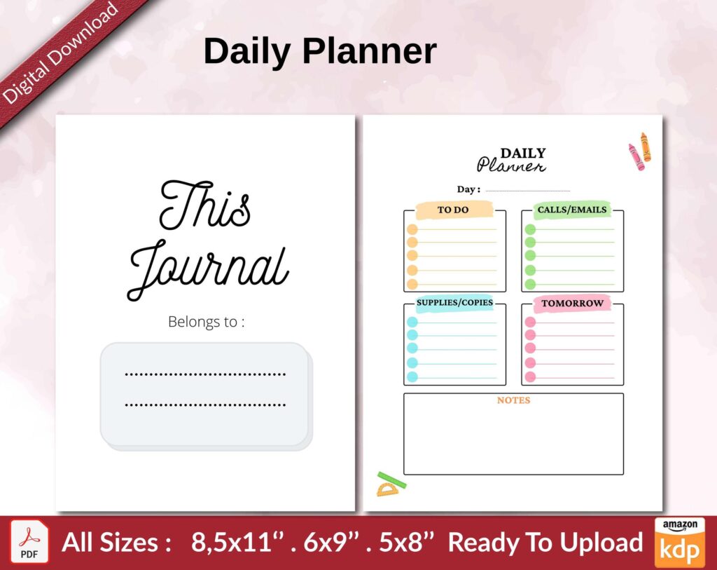 Daily Planner KDP interior Ready To Upload, Sizes 8.5×11 6×9 5×8 inch PDF FILE Used as Amazon KDP Paperback Low Content Book, journal, Notebook, Planner, COMMERCIAL Use