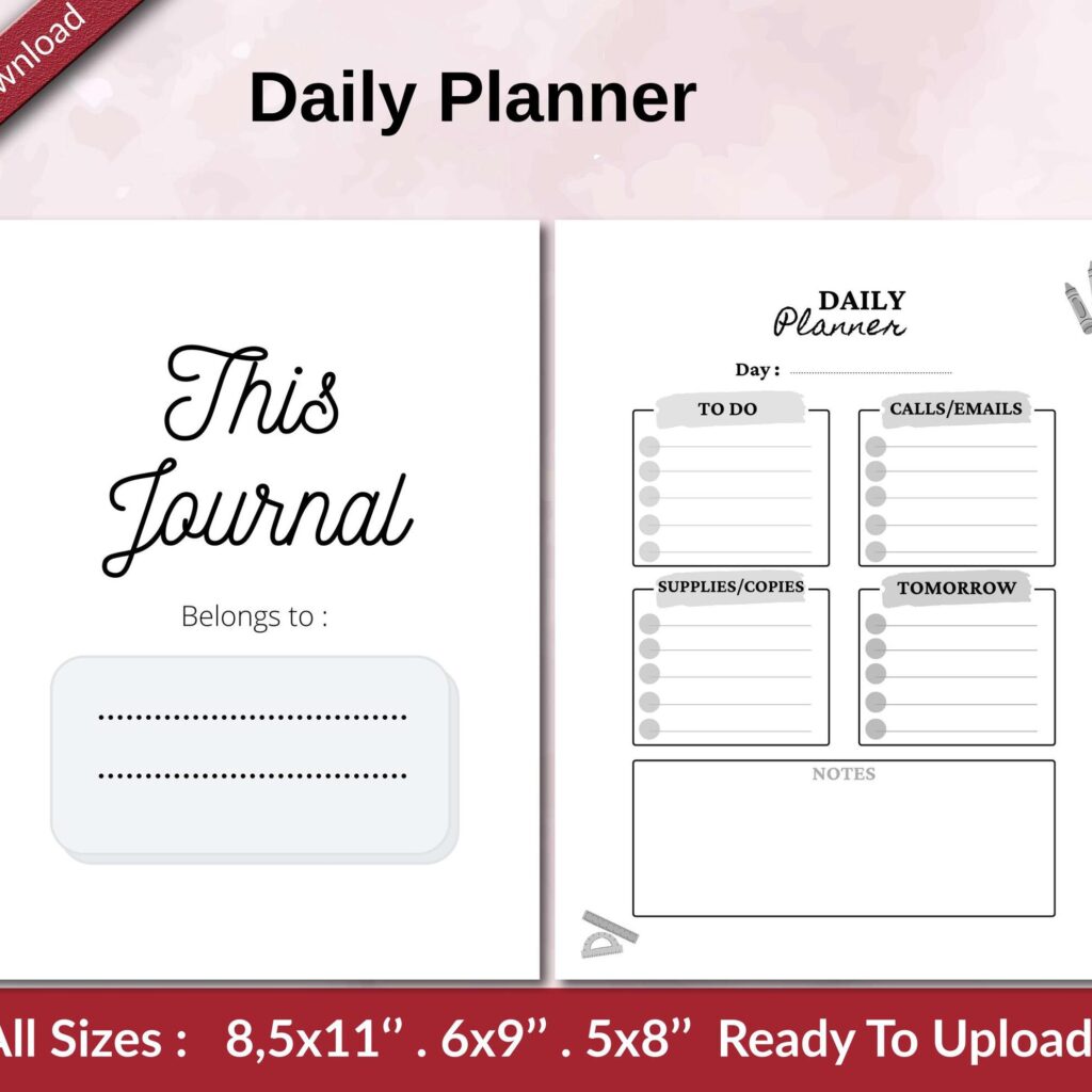 Daily Planner KDP interior Ready To Upload, Sizes 8.5×11 6×9 5×8 inch PDF FILE Used as Amazon KDP Paperback Low Content Book, journal, Notebook, Planner, COMMERCIAL Use