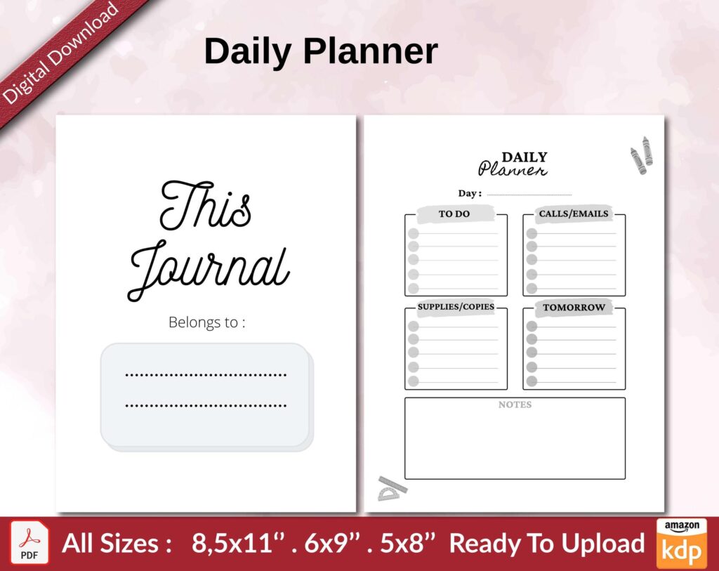 Daily Planner KDP interior Ready To Upload, Sizes 8.5×11 6×9 5×8 inch PDF FILE Used as Amazon KDP Paperback Low Content Book, journal, Notebook, Planner, COMMERCIAL Use