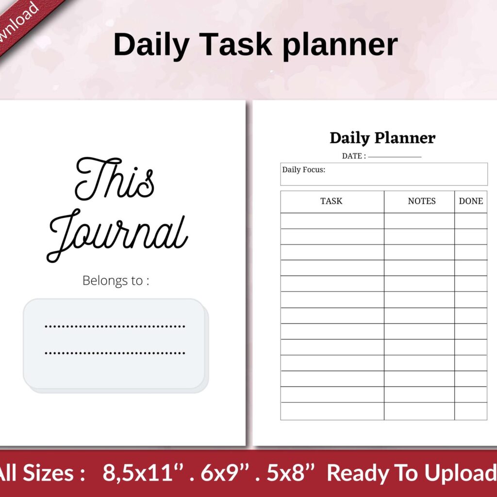 Daily Task planner KDP interior Ready To Upload, Sizes 8.5×11 6×9 5×8 inch PDF FILE Used as Amazon KDP Paperback Low Content Book, journal, Notebook, Planner, COMMERCIAL Use