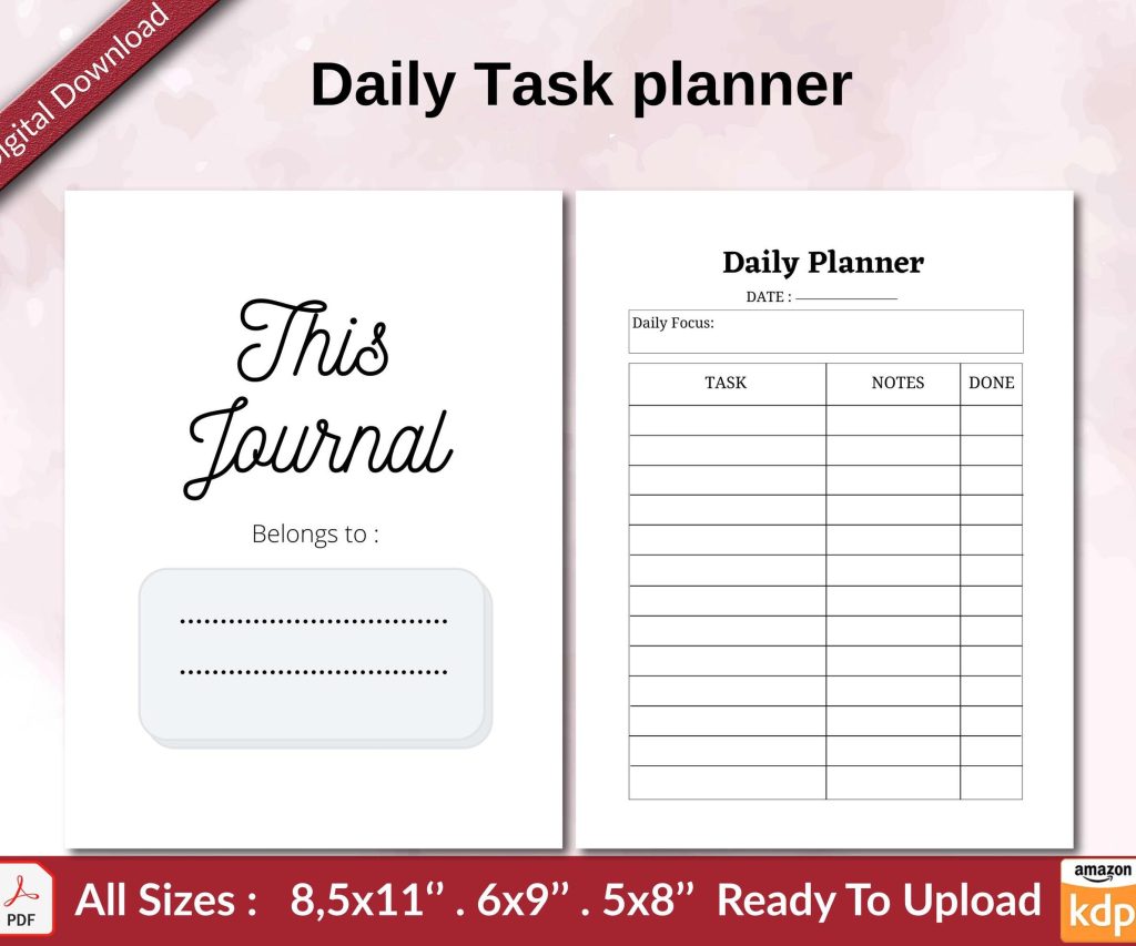 Daily Task planner KDP interior Ready To Upload, Sizes 8.5×11 6×9 5×8 inch PDF FILE Used as Amazon KDP Paperback Low Content Book, journal, Notebook, Planner, COMMERCIAL Use
