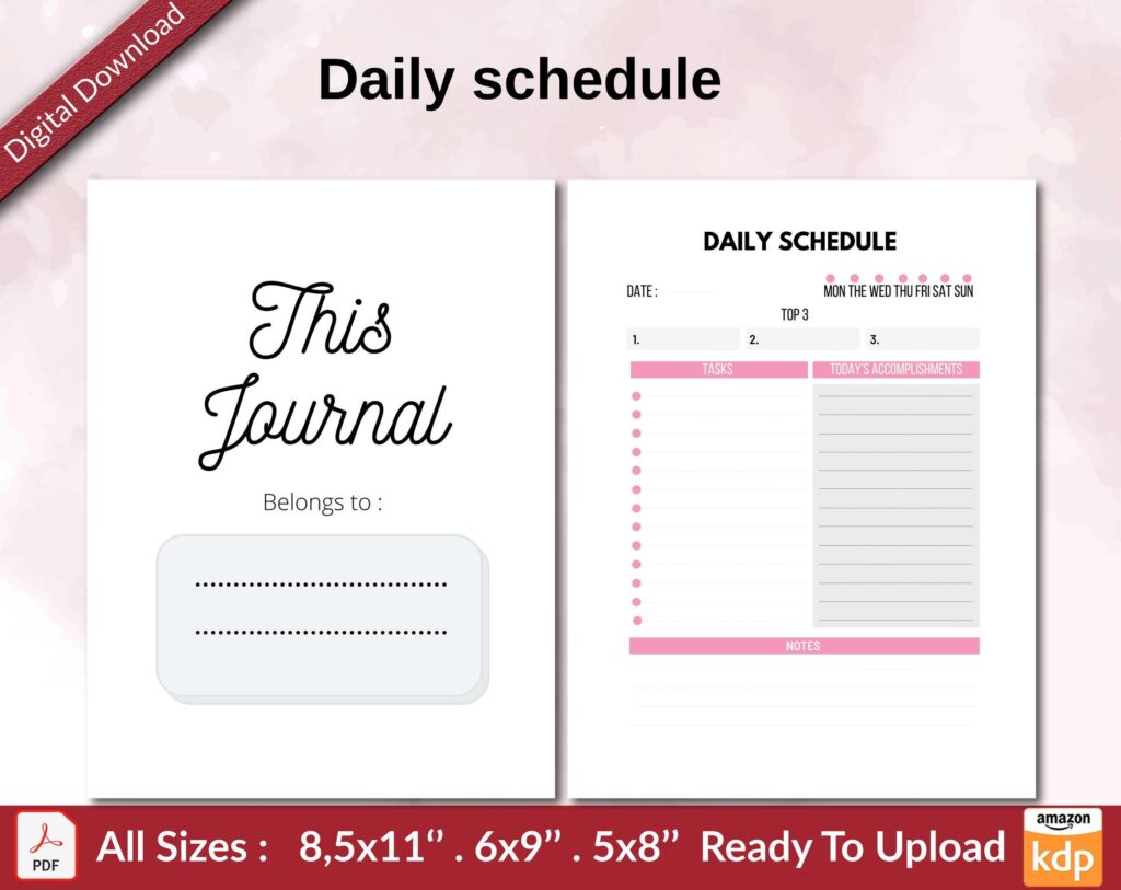 Daily schedule KDP interior Ready To Upload, Sizes 8.5×11 6×9 5×8 inch PDF FILE Used as Amazon KDP Paperback Low Content Book, journal, Notebook, Planner, COMMERCIAL Use