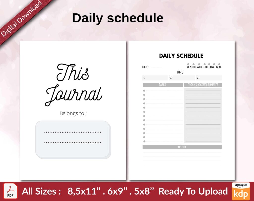 Daily schedule KDP interior Ready To Upload, Sizes 8.5×11 6×9 5×8 inch PDF FILE Used as Amazon KDP Paperback Low Content Book, journal, Notebook, Planner, COMMERCIAL Use