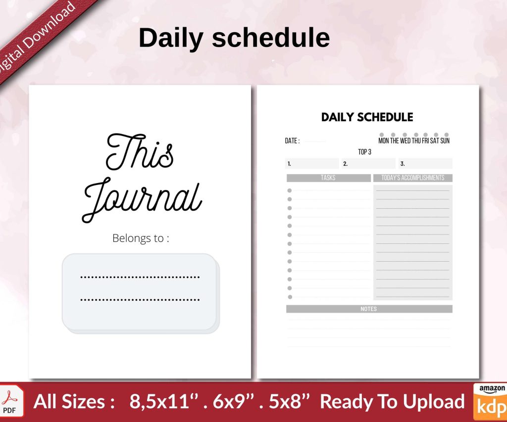 Daily schedule KDP interior Ready To Upload, Sizes 8.5×11 6×9 5×8 inch PDF FILE Used as Amazon KDP Paperback Low Content Book, journal, Notebook, Planner, COMMERCIAL Use