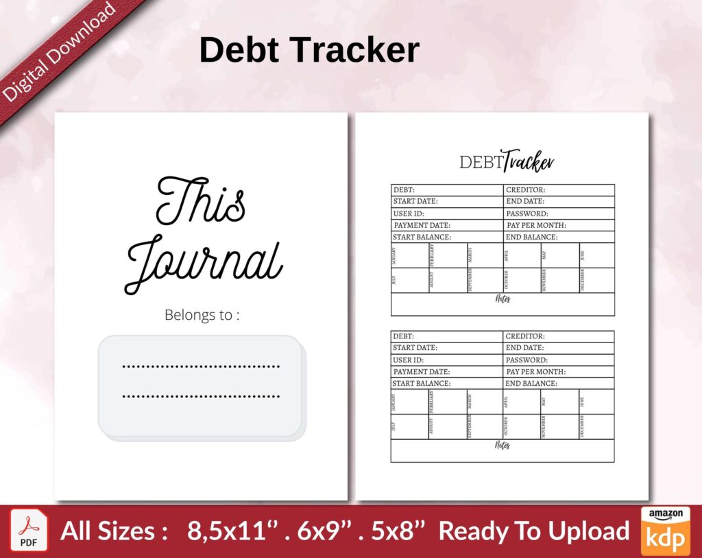Debt Tracker KDP interior Ready To Upload, Sizes 8.5×11 6×9 5×8 inch PDF FILE Used as Amazon KDP Paperback Low Content Book, journal, Notebook, Planner, COMMERCIAL Use