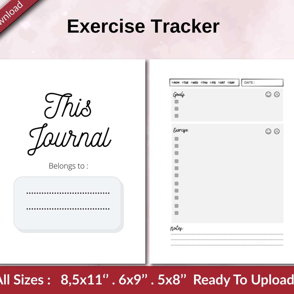 Exercise Tracker KDP interior Ready To Upload, Sizes 8.5×11 6×9 5×8 inch PDF FILE Used as Amazon KDP Paperback Low Content Book, journal, Notebook, Planner, COMMERCIAL Use