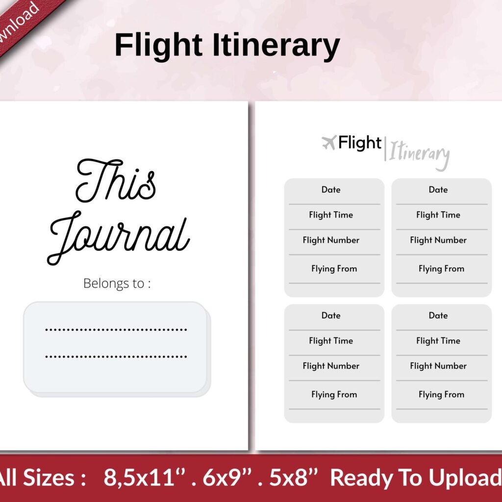 Flight Itinerary KDP interior Ready To Upload, Sizes 8.5×11 6×9 5×8 inch PDF FILE Used as Amazon KDP Paperback Low Content Book, journal, Notebook, Planner, COMMERCIAL Use
