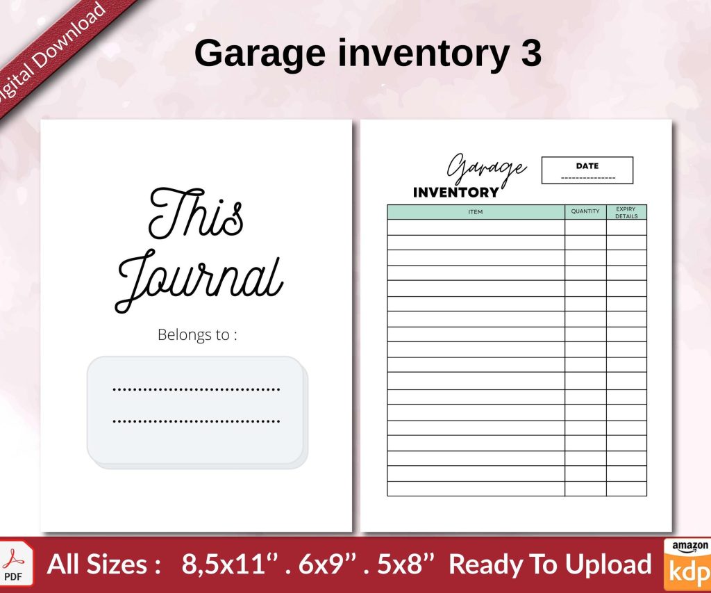 Garage inventory 3 KDP interior Ready To Upload, Sizes 8.5×11 6×9 5×8 inch PDF FILE Used as Amazon KDP Paperback Low Content Book, journal, Notebook, Planner, COMMERCIAL Use