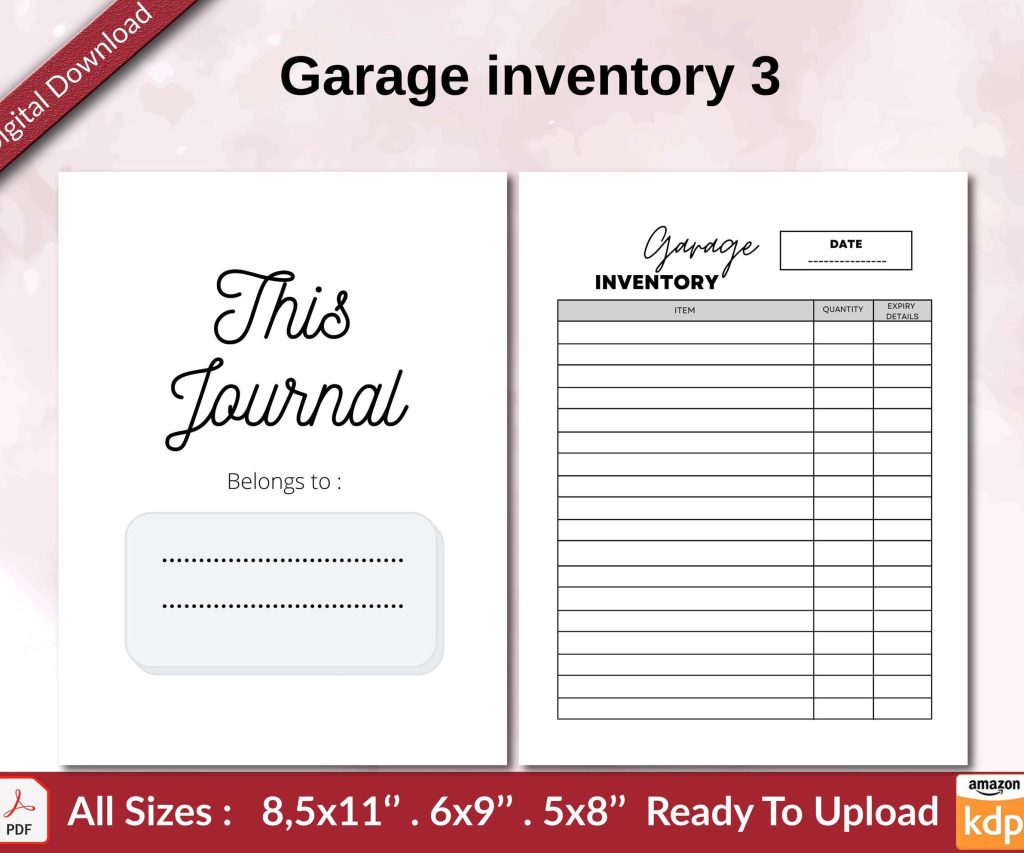 Garage inventory 3 KDP interior Ready To Upload, Sizes 8.5×11 6×9 5×8 inch PDF FILE Used as Amazon KDP Paperback Low Content Book, journal, Notebook, Planner, COMMERCIAL Use