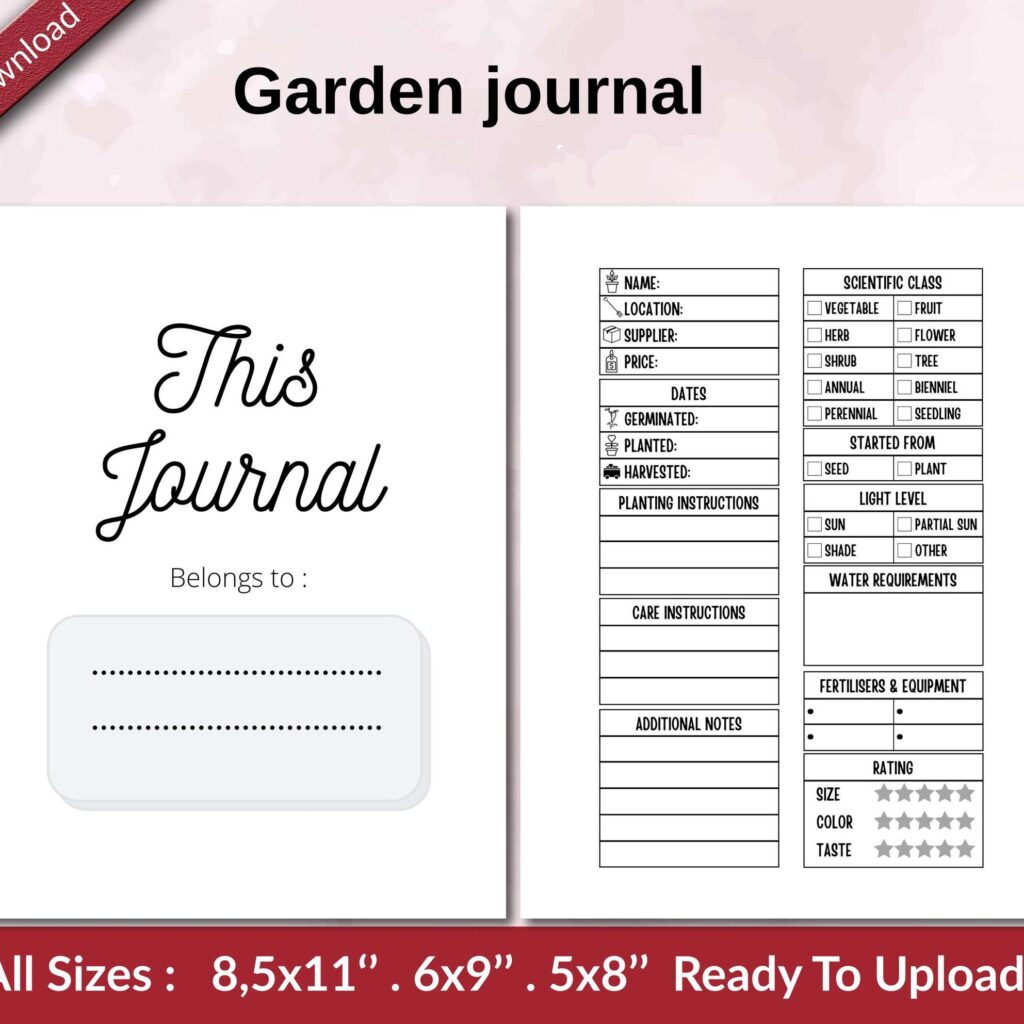 Garden journal KDP interior Ready To Upload, Sizes 8.5×11 6×9 5×8 inch PDF FILE Used as Amazon KDP Paperback Low Content Book, journal, Notebook, Planner, COMMERCIAL Use