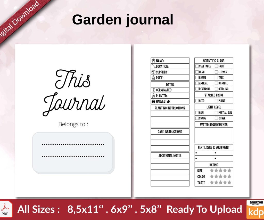 Garden journal KDP interior Ready To Upload, Sizes 8.5×11 6×9 5×8 inch PDF FILE Used as Amazon KDP Paperback Low Content Book, journal, Notebook, Planner, COMMERCIAL Use