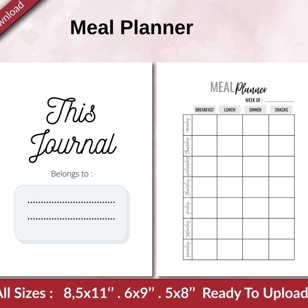 Meal Planner KDP interior Ready To Upload, Sizes 8.5×11 6×9 5×8 inch PDF FILE Used as Amazon KDP Paperback Low Content Book, journal, Notebook, Planner, COMMERCIAL Use