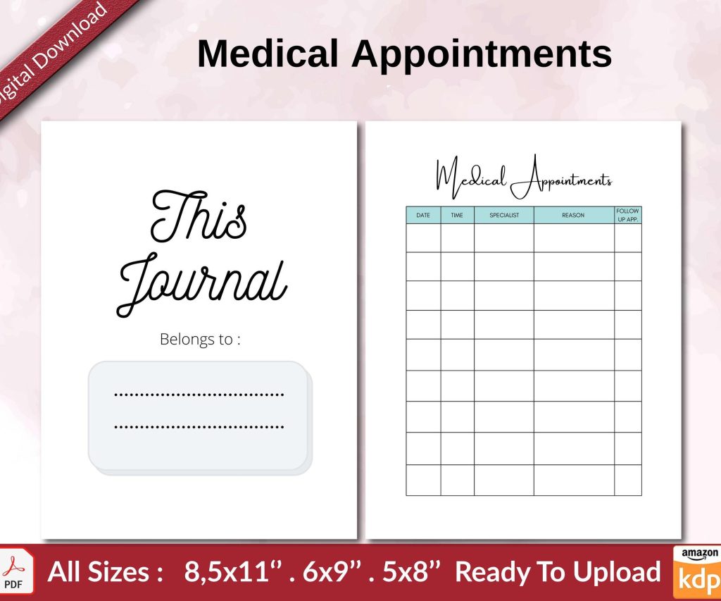 Medical Appointments KDP interior Ready To Upload, Sizes 8.5×11 6×9 5×8 inch PDF FILE Used as Amazon KDP Paperback Low Content Book, journal, Notebook, Planner, COMMERCIAL Use