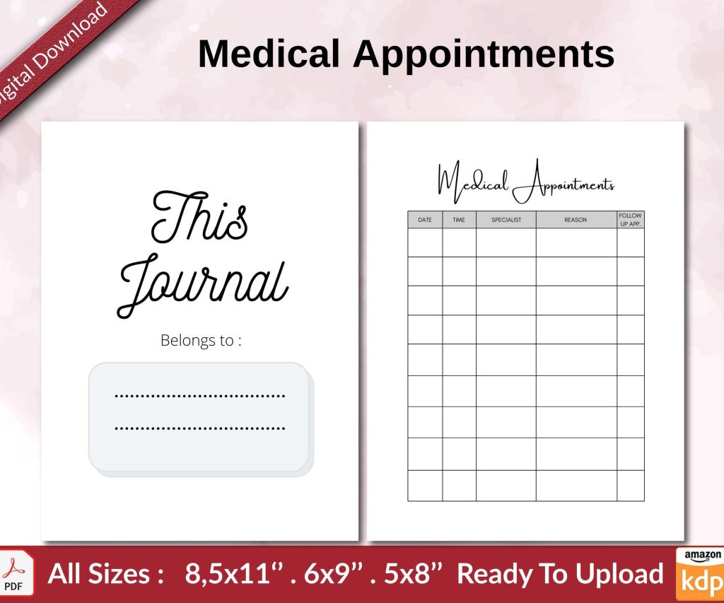 Medical Appointments KDP interior Ready To Upload, Sizes 8.5×11 6×9 5×8 inch PDF FILE Used as Amazon KDP Paperback Low Content Book, journal, Notebook, Planner, COMMERCIAL Use