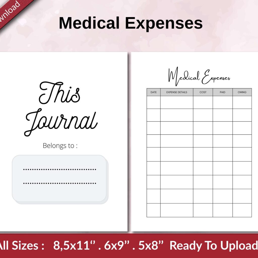 Medical Expenses KDP interior Ready To Upload, Sizes 8.5×11 6×9 5×8 inch PDF FILE Used as Amazon KDP Paperback Low Content Book, journal, Notebook, Planner, COMMERCIAL Use