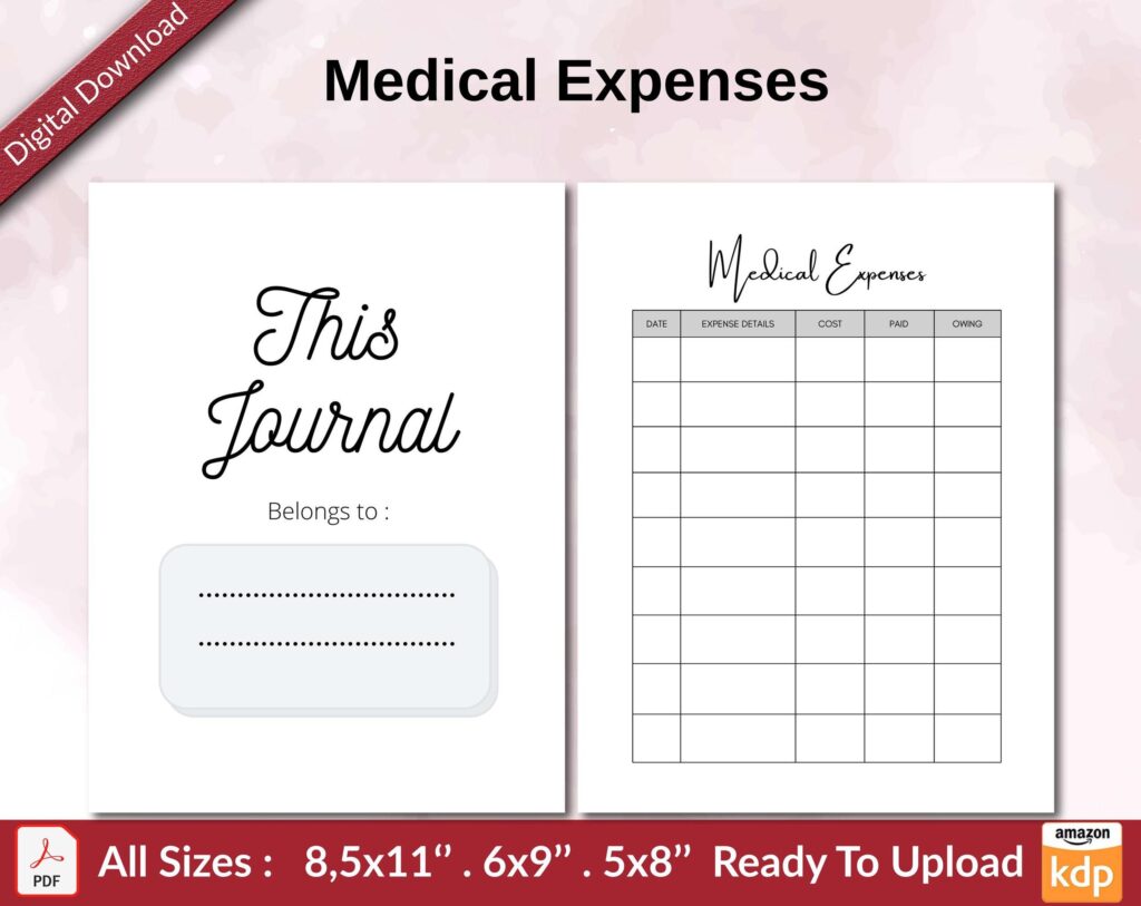 Medical Expenses KDP interior Ready To Upload, Sizes 8.5×11 6×9 5×8 inch PDF FILE Used as Amazon KDP Paperback Low Content Book, journal, Notebook, Planner, COMMERCIAL Use