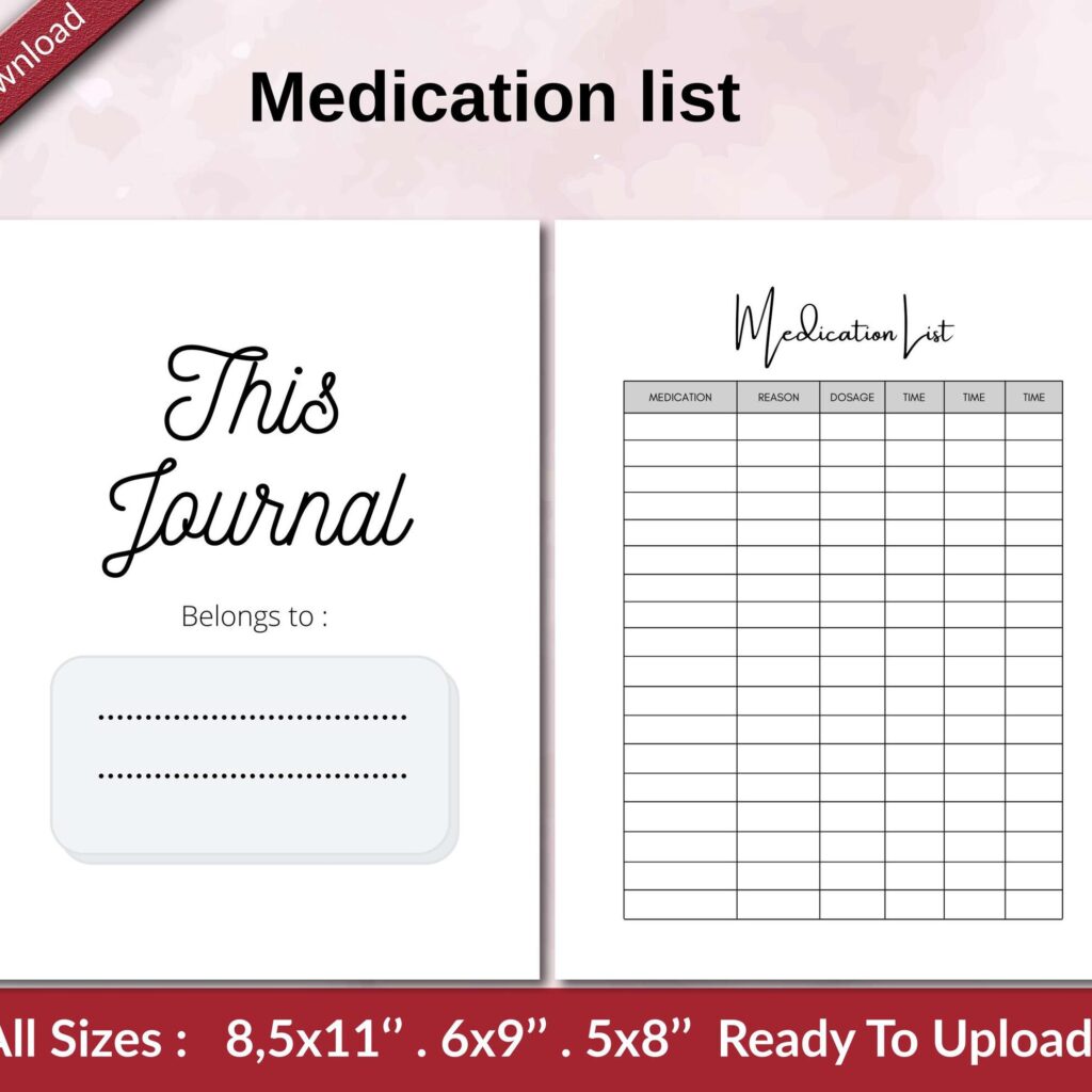 Medication list KDP interior Ready To Upload, Sizes 8.5×11 6×9 5×8 inch PDF FILE Used as Amazon KDP Paperback Low Content Book, journal, Notebook, Planner, COMMERCIAL Use