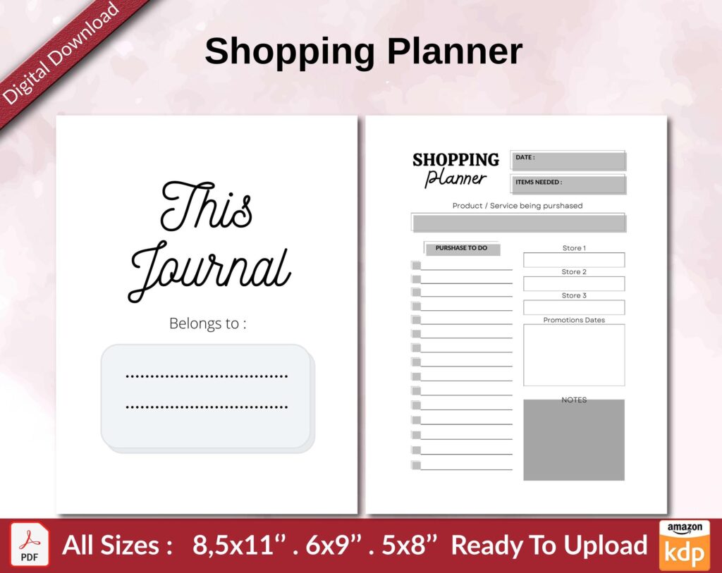 Shopping Planner KDP interior Ready To Upload, Sizes 8.5×11 6×9 5×8 inch PDF FILE Used as Amazon KDP Paperback Low Content Book, journal, Notebook, Planner, COMMERCIAL Use