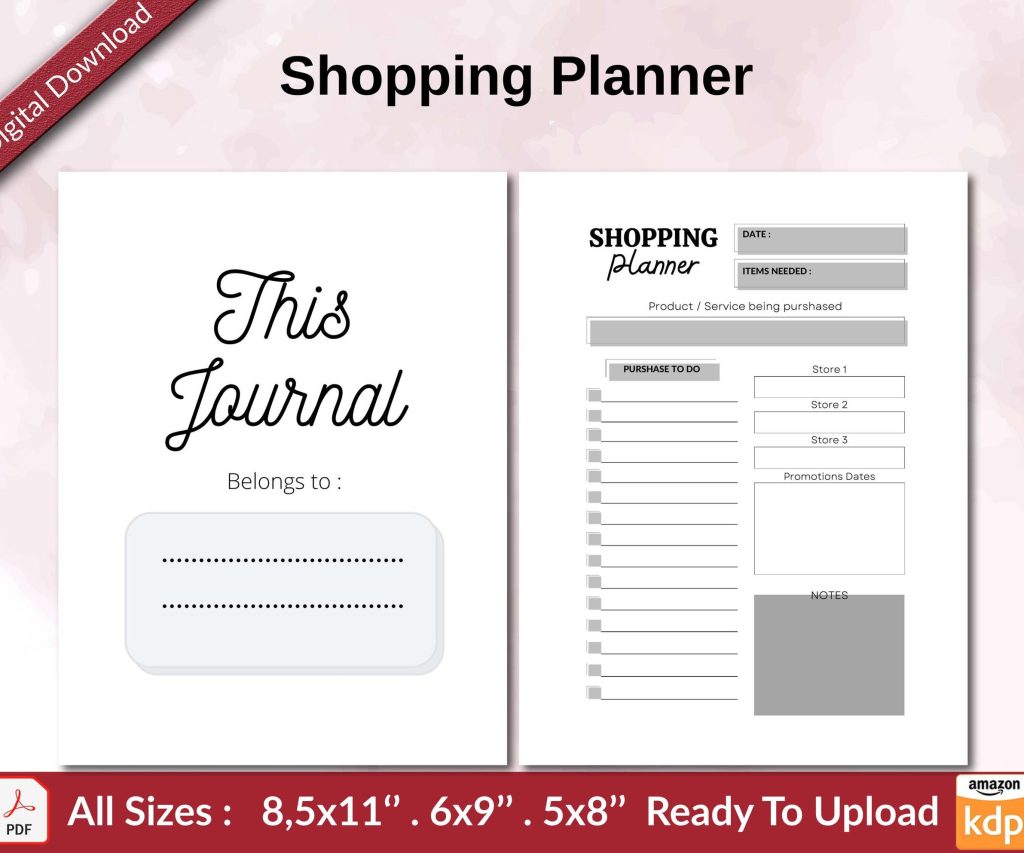 Shopping Planner KDP interior Ready To Upload, Sizes 8.5×11 6×9 5×8 inch PDF FILE Used as Amazon KDP Paperback Low Content Book, journal, Notebook, Planner, COMMERCIAL Use