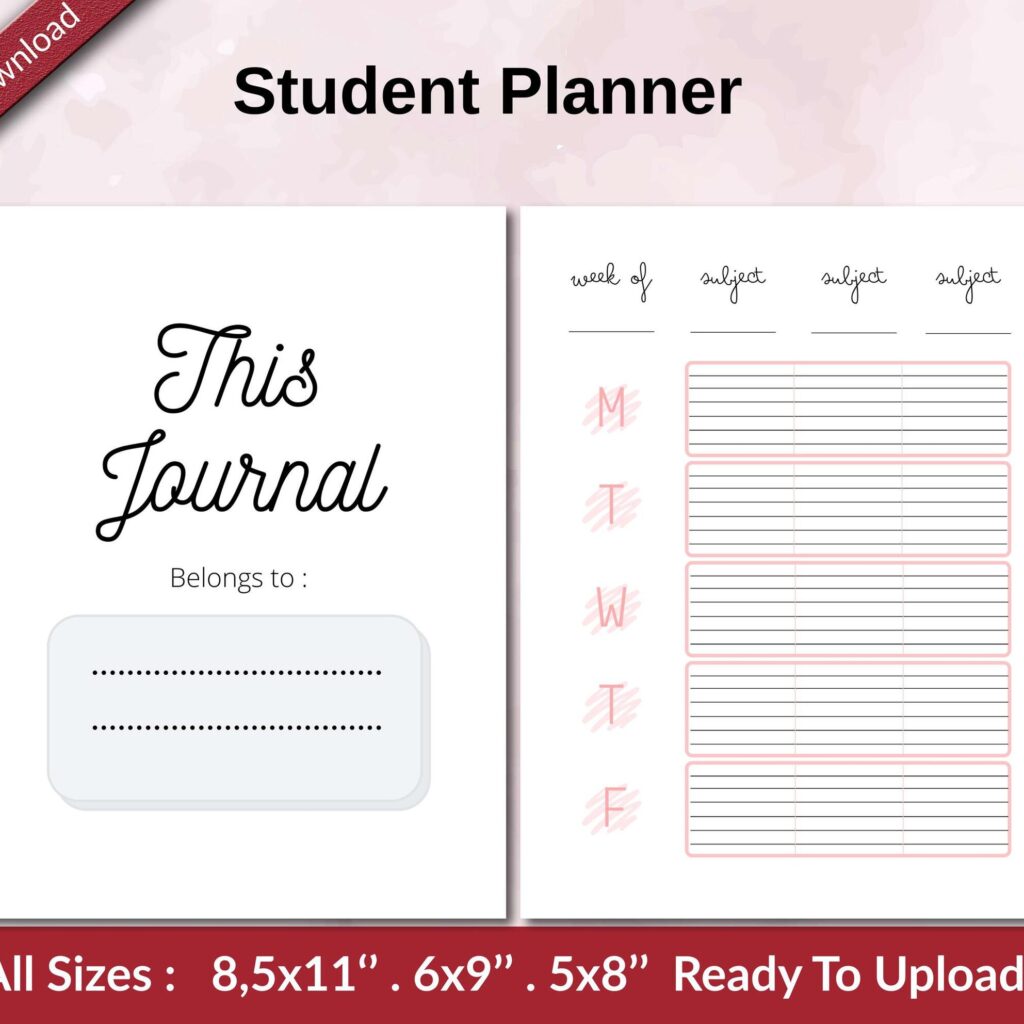 Student Planner KDP interior Ready To Upload, Sizes 8.5×11 6×9 5×8 inch PDF FILE Used as Amazon KDP Paperback Low Content Book, journal, Notebook, Planner, COMMERCIAL Use