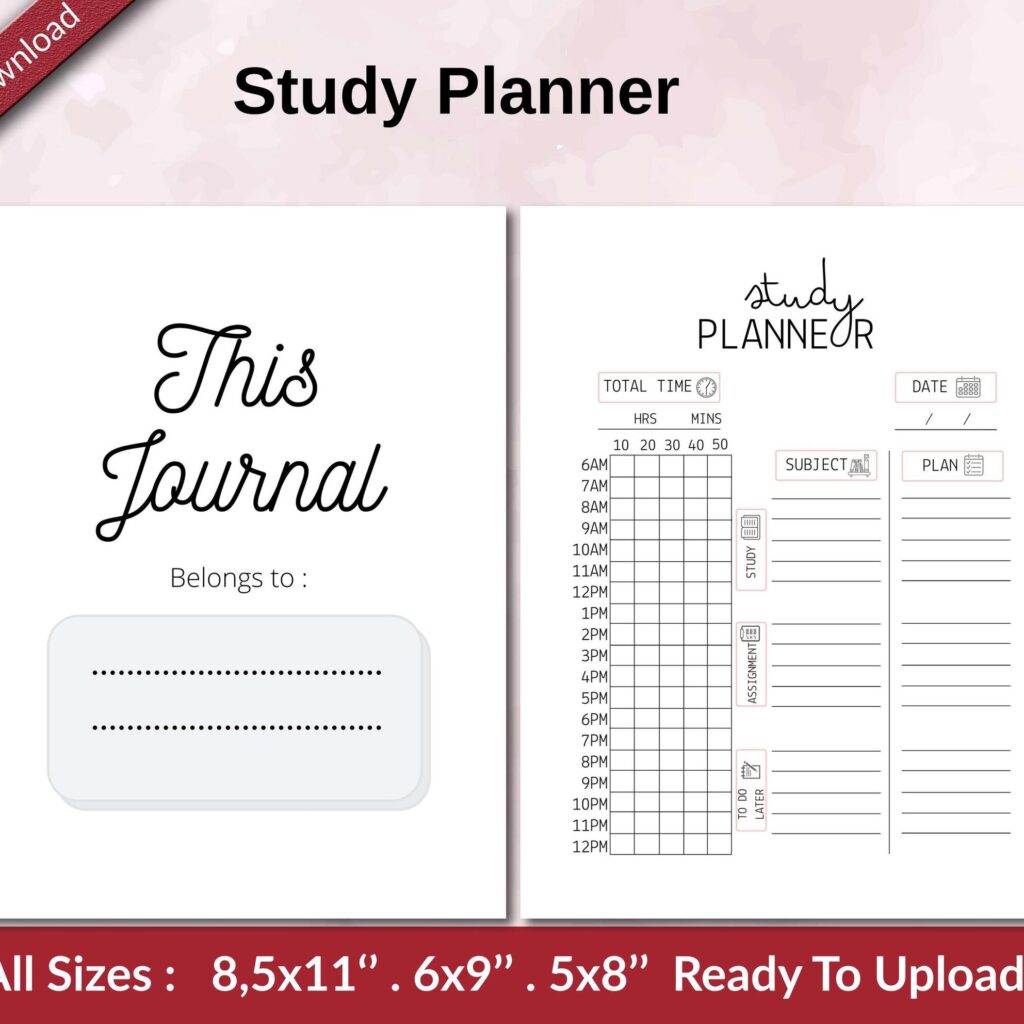 Study Planner KDP interior Ready To Upload, Sizes 8.5×11 6×9 5×8 inch PDF FILE Used as Amazon KDP Paperback Low Content Book, journal, Notebook, Planner, COMMERCIAL Use