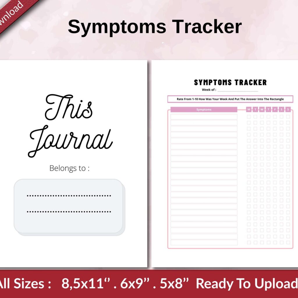 Symptoms Tracker KDP interior Ready To Upload, Sizes 8.5×11 6×9 5×8 inch PDF FILE Used as Amazon KDP Paperback Low Content Book, journal, Notebook, Planner, COMMERCIAL Use