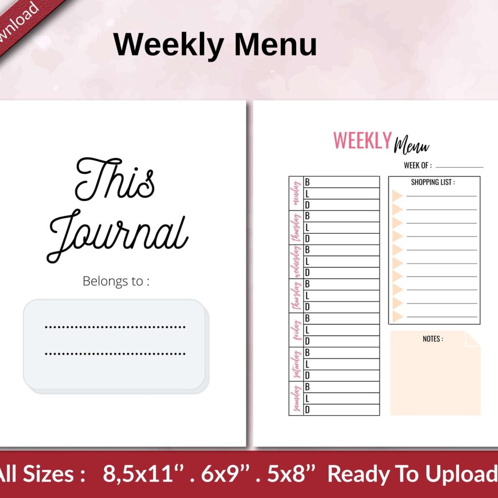 Weekly Menu KDP interior Ready To Upload, Sizes 8.5×11 6×9 5×8 inch PDF FILE Used as Amazon KDP Paperback Low Content Book, journal, Notebook, Planner, COMMERCIAL Use