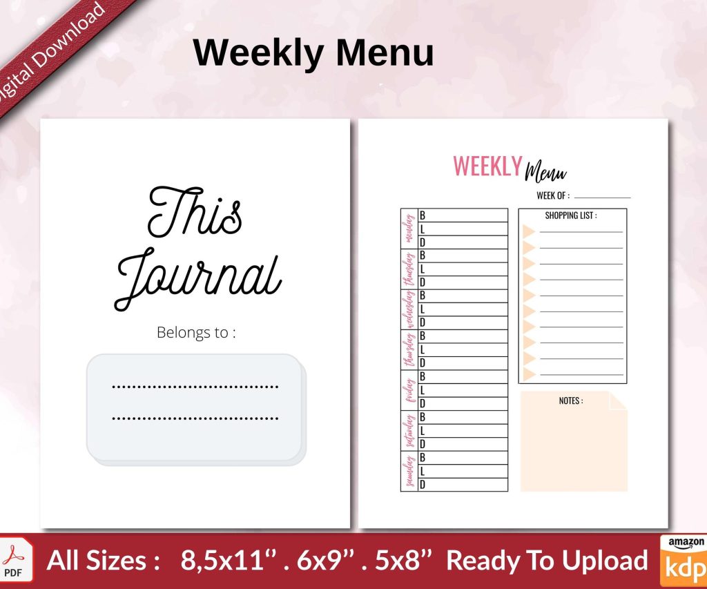 Weekly Menu KDP interior Ready To Upload, Sizes 8.5×11 6×9 5×8 inch PDF FILE Used as Amazon KDP Paperback Low Content Book, journal, Notebook, Planner, COMMERCIAL Use