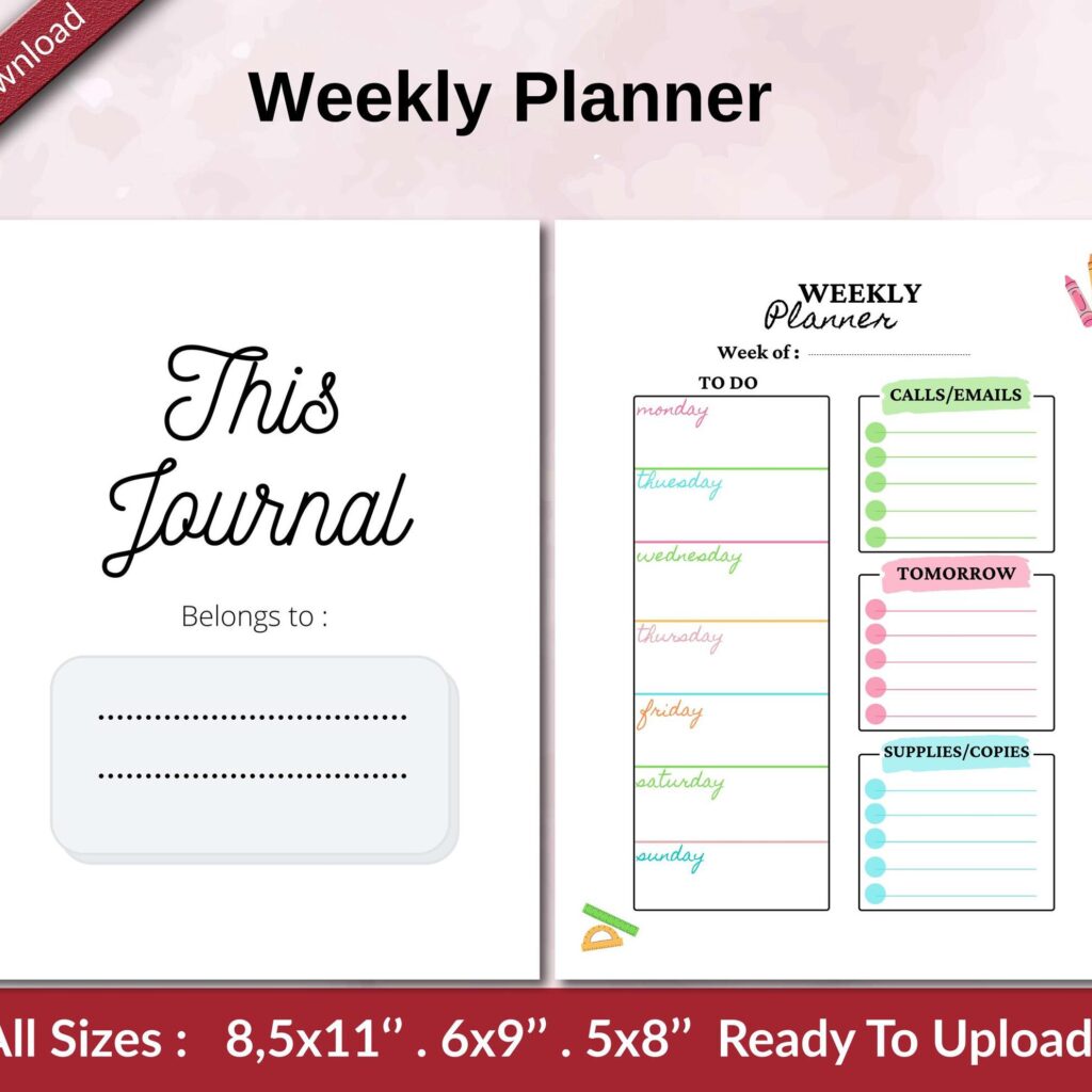 Weekly Planner KDP interior Ready To Upload, Sizes 8.5×11 6×9 5×8 inch PDF FILE Used as Amazon KDP Paperback Low Content Book, journal, Notebook, Planner, COMMERCIAL Use