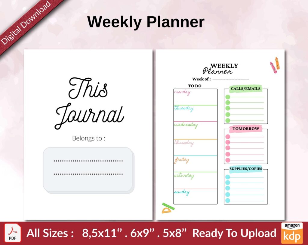 Weekly Planner KDP interior Ready To Upload, Sizes 8.5×11 6×9 5×8 inch PDF FILE Used as Amazon KDP Paperback Low Content Book, journal, Notebook, Planner, COMMERCIAL Use