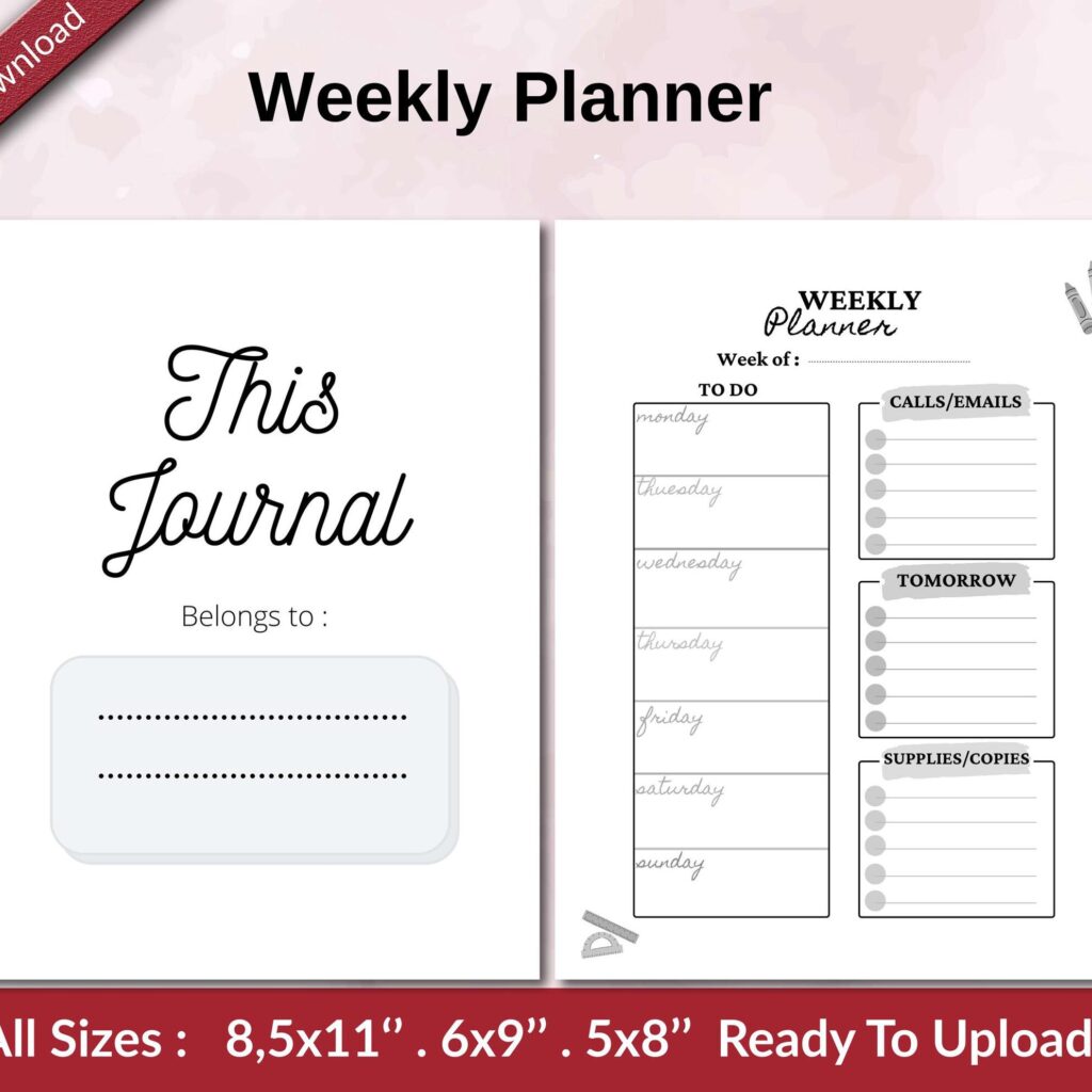 Weekly Planner KDP interior Ready To Upload, Sizes 8.5×11 6×9 5×8 inch PDF FILE Used as Amazon KDP Paperback Low Content Book, journal, Notebook, Planner, COMMERCIAL Use