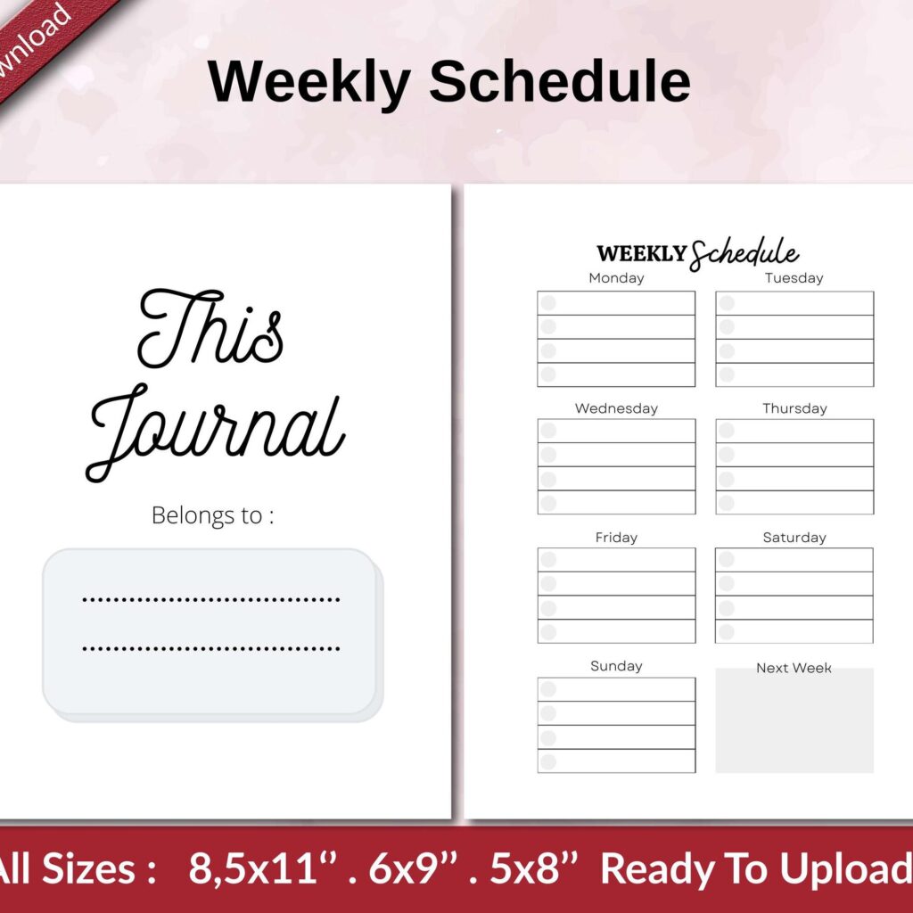 Weekly Schedule KDP interior Ready To Upload, Sizes 8.5×11 6×9 5×8 inch PDF FILE Used as Amazon KDP Paperback Low Content Book, journal, Notebook, Planner, COMMERCIAL Use