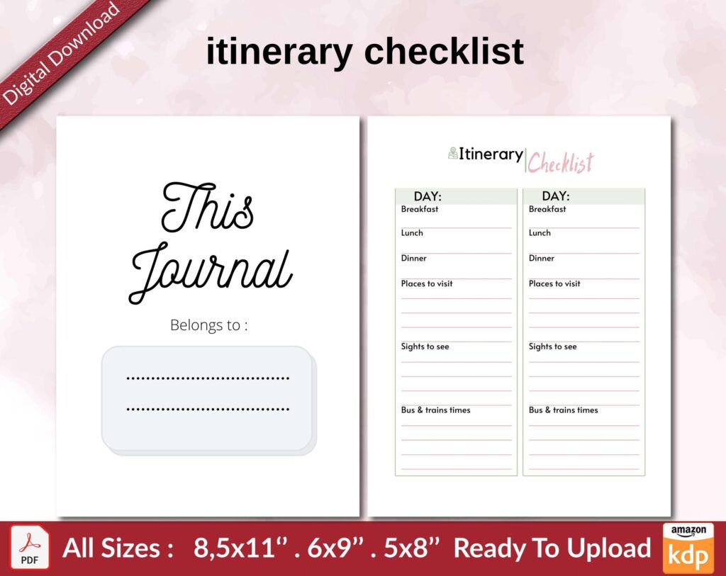 itinerary checklist KDP interior Ready To Upload, Sizes 8.5×11 6×9 5×8 inch PDF FILE Used as Amazon KDP Paperback Low Content Book, journal, Notebook, Planner, COMMERCIAL Use