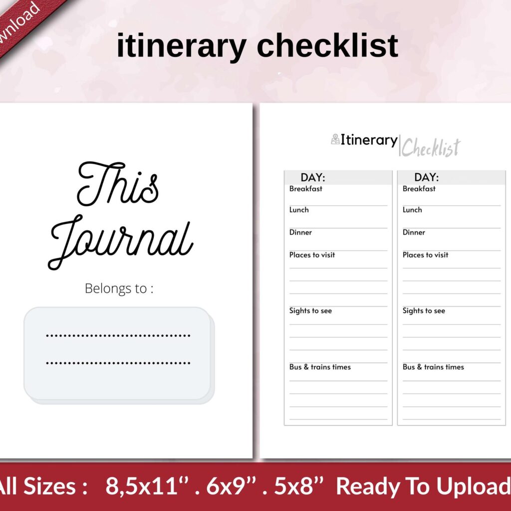 itinerary checklist KDP interior Ready To Upload, Sizes 8.5×11 6×9 5×8 inch PDF FILE Used as Amazon KDP Paperback Low Content Book, journal, Notebook, Planner, COMMERCIAL Use