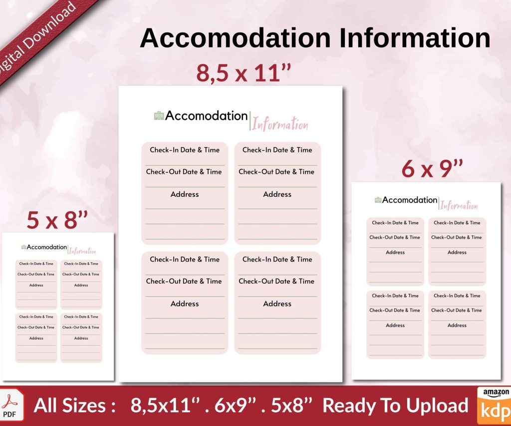 Accommodation Information Journal KDP interior Ready To Upload, Sizes 8.5×11 6×9 5×8 inch PDF FILE Used as Amazon KDP Paperback Low Content Book, journal, Notebook, Planner, COMMERCIAL Use