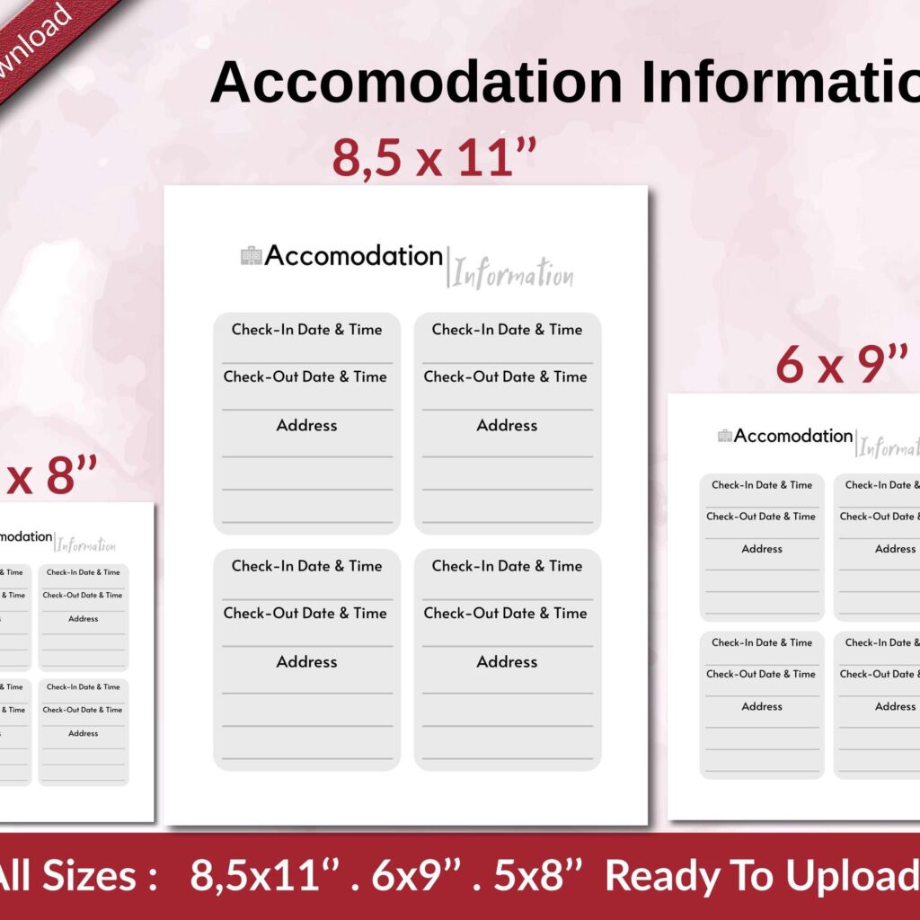 Accomodation Information KDP interior Ready To Upload, Sizes 8.5×11 6×9 5×8 inch PDF FILE Used as Amazon KDP Paperback Low Content Book, journal, Notebook, Planner, COMMERCIAL Use