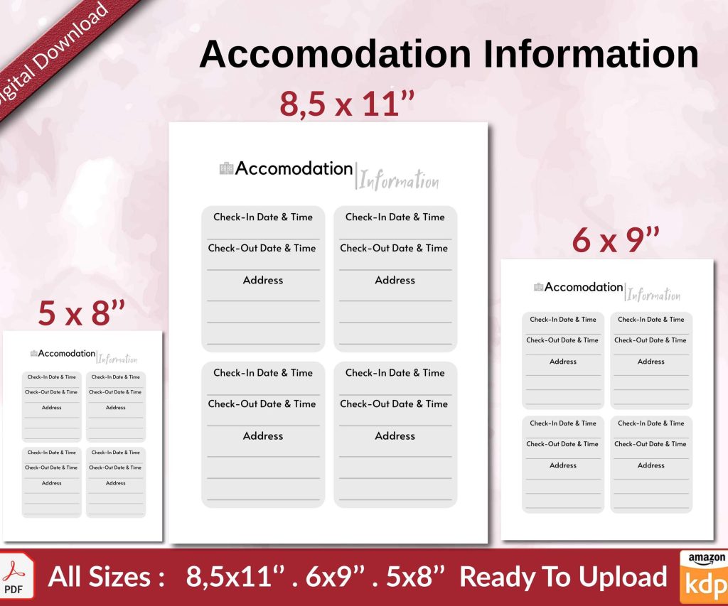Accomodation Information KDP interior Ready To Upload, Sizes 8.5×11 6×9 5×8 inch PDF FILE Used as Amazon KDP Paperback Low Content Book, journal, Notebook, Planner, COMMERCIAL Use