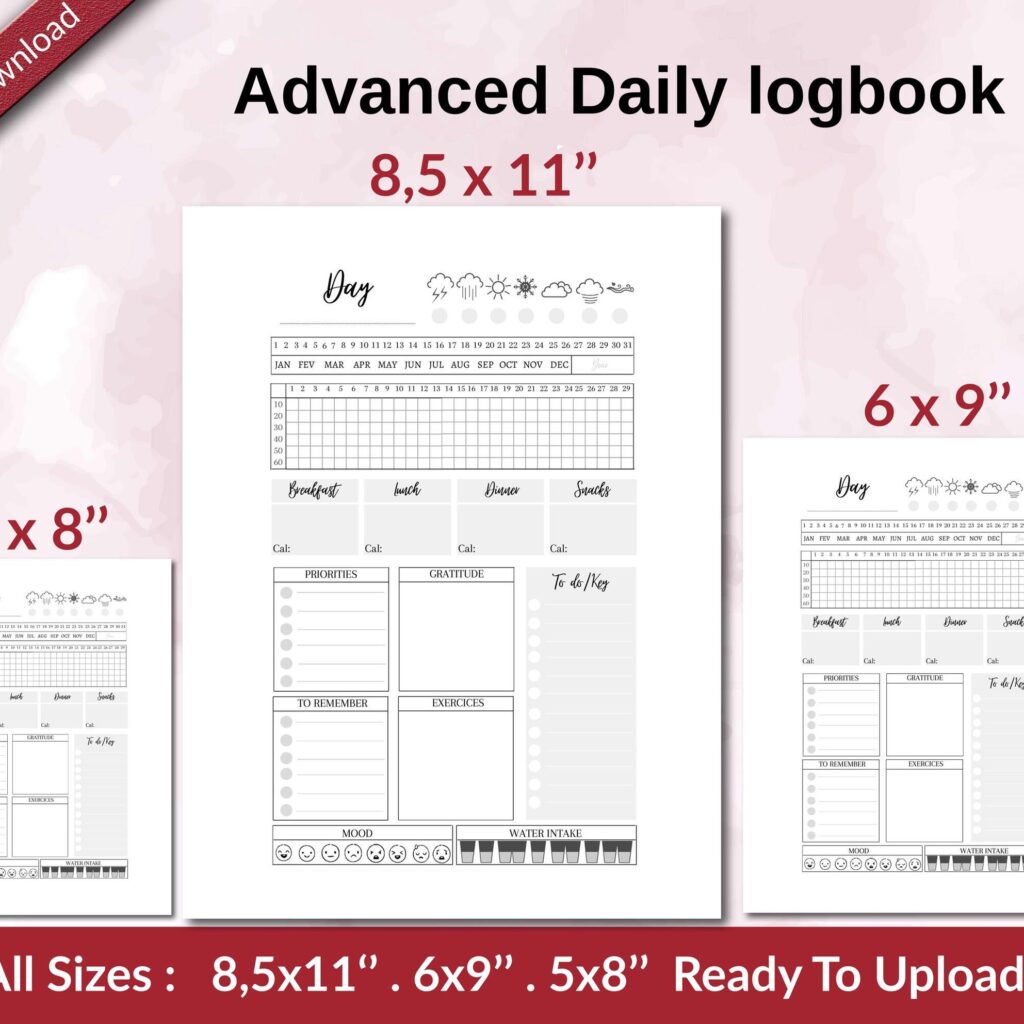 Advanced Daily logbook KDP interior Ready To Upload, Sizes 8.5×11 6×9 5×8 inch PDF FILE Used as Amazon KDP Paperback Low Content Book, journal, Notebook, Planner, COMMERCIAL Use